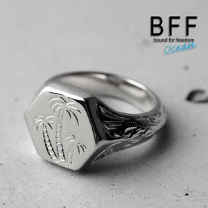 BFF ブランド パームツリー 印台リング スモール 小ぶり シルバー 18K 銀色 手彫り 彫金 専用BOX付属 (16号)