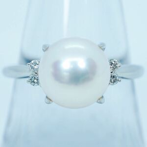 ★1円スタ!鑑定付【0.09ct】PT900 5.3g ♯15 プラチナ 大粒アコヤ真珠 パール ダイヤモンドリング Pearl Diamond Ring 指輪 仕上げ済