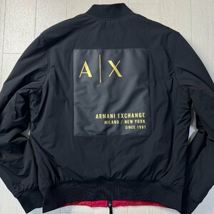 美品/M-L相当★アルマーニ/ARMANI EXCHANGE バックプリント デカロゴ リバーシブル フライトジャケット MA-1 ボンバー 中綿 2WAY メンズ 黒