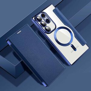 即決Galaxy S24 ultra レザーケース ギャラクシー s24 ウルトラ クリアケース SM-S928B 透明 MagSafe充電 手帳型ブルー