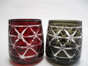 ジバンシー　切子　ロックグラス　籠目　赤＆濃いグレー　２個　グラス　フリーグラス　