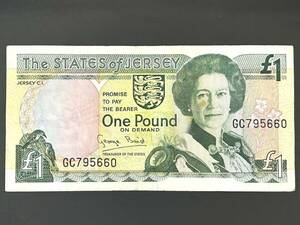 1156　イギリス領　ジャージー島　1ポンド紙幣　旧紙幣　イギリスの離島　エリザベス2世　12.8cm × 6.5cm