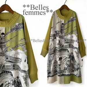 ★Belles*★新品★送料185円*春の華やかパネル柄*襟と袖口が上品なプリーツ*膝丈チュニックワンピース*94012マスタード*ゆったりM～Lミセス