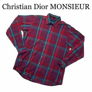 Christian Dior MONSIEUR クリスチャンディオールムッシュ シャツ 長袖 チェック 赤系 柄シャツ L