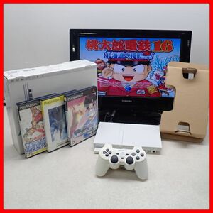 動作品 PS2 プレステ2 薄型 本体 SCPH-77000 セラミック・ホワイト + 桃太郎電鉄16 等 ソフト3本 まとめてセット SONY ソニー 箱付【20