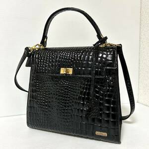 【推定クロコレザー】VALENTINO MARUDINI バレンチノマルディーニ　2way ショルダーバッグ　ハンドバッグ 型押し　ブラック　＊CR