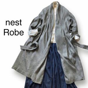 nest Robe ネストローブ リネン カシミヤ ヘリンボーン ガウンコート アウター ロング ベルト付き フリーサイズ グレー系 カシミア 麻