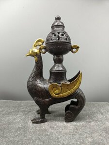 ◆古寳堂◆清 銅製 塗金 鳳凰熏香炉 極細工 古置物 古擺件 中国古美術 時代物 古董品