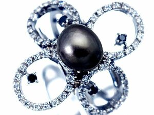 1円～【ジュエリー極】激希少品！南洋黒蝶ケシパール＆天然クリアダイヤ0.43ct＆ブラックダイヤ 超高級K18WGリング a1070gk【送料無料】