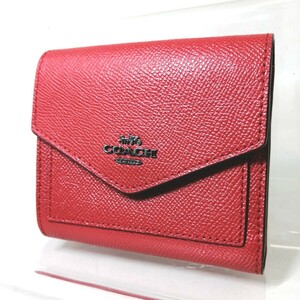 A Φ【商品ランク:B】 コーチ COACH ロゴメタル レザー 三つ折り 財布 ウォレット 小銭入れあり 6カードポケット 赤 レッド系 