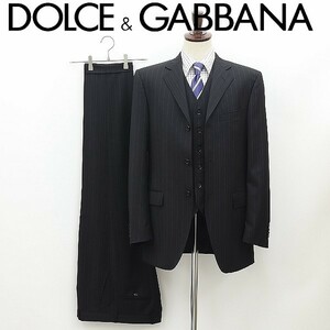 ●DOLCE & GABBANA ドルチェ＆ガッバーナ 裏地ロゴ総柄 ストライプ 3ピース セットアップ スーツ チャコールブラック 48