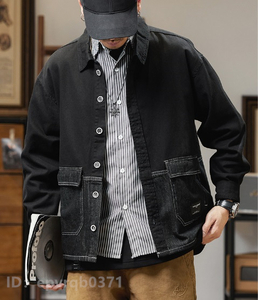 ジージャン 新品 メンズ デニムジャケット 折り襟 切替 紳士 長袖 トップス アウター サイズ選択可能 黒/XLサイズ