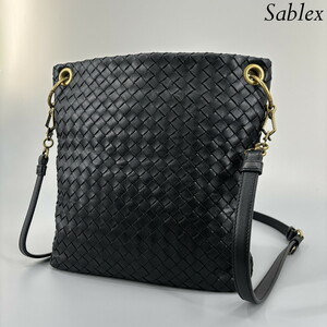 1円【新品同様】 BOTTEGA VENETA ボッテガヴェネタ イントレチャート レザー クロスボディ ショルダーバッグ 斜め掛け 肩掛け ブラック