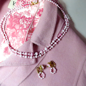 ◆ミリアムハスケル：ピンクマーブル小粒珠のネックレスとイヤリング：ヴィンテージコスチュームジュエリー：Miriam Haskell