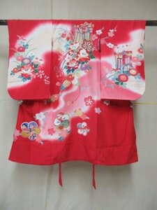 1円 良品 正絹 女児 子供着物 縮緬 七五三 和装 産着 御所車 花柄 唐花 草花 高級 袷 身丈99cm 身巾45cm【夢職】★★★