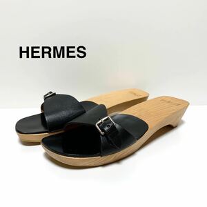 ☆未使用 エルメス HERMES ウッドソール レザー ベルト サボ サンダル 黒 size 37 スペイン製 ミュール 下駄 つっかけ