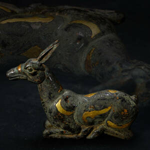 br10552 中国古玩 古銅製 獣形置物 金象嵌 銀象嵌 時代物 銅置物 唐物 高8cm 重202.6g