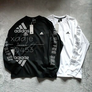 新品 正規品 adidas アディダス 2枚セット 長袖 ロンT プリント THREE STRIPES 黒 ブラック 白 ホワイト ロゴ プリント 厚手 2XL