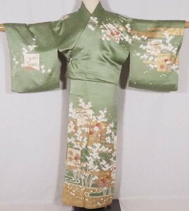 訪問着 正絹 緑 金箔 花色紙 桜 松竹梅 身丈153cm 裄丈65cm Sサイズ ki26212 美品 着物 レディース 入学式 卒業式 結婚式 送料無料 中古