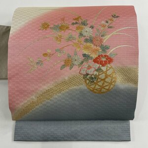 名古屋帯 美品 優品 花籠 雪輪 刺繍 金彩 青灰色 正絹 【中古】