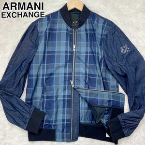 美品L位◎ARMANI EXCHANGE ナイロンジャケット ジップアップ デニム 切替 チェック アルマーニエクスチェンジ ブルゾン メンズ ブルー 青