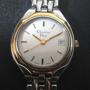 ほぼ美品 Christian Dior クリスチャンディオール クォーツ 3針式+デイト レディースウォッチ 腕時計 3001 シルバー×ゴールド