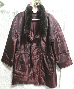 赤紫ワインレッド色ボア襟メタリック風ダウンコート/外套 Red purple wine red color down coat