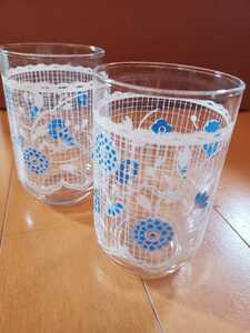 未使用◆昭和レトロ 青色 花柄グラス　2個セット◆/ガラスコップ/保管品