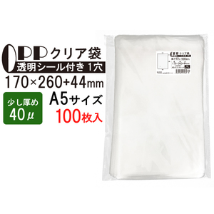 OPP 少し厚め クリア袋 A5すっぽり入るサイズ テープ付き 170mm×260mm＋44mm 100枚 40μ フレームシール加工 空気穴付き 透明封筒