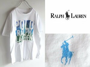 ネコポス可 POLO RALPH LAUREN ラルフローレン 裾ポニー ロゴプリント コットン Tシャツ 半袖 カットソー XL18-20 メンズS-M程度 ホワイト