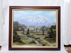 真作 佐田光 大作 油彩「岩手山」画寸 72.5cm×60.5cm F20 岐阜県出身 應美会会員 雄大なる表岩手 大パノラマ全景と麓の田舎集落 3706