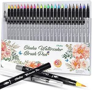 Ohuhu 水彩ペン 水彩毛筆24色 水ペン1本 筆ペン カラー セット 水彩筆 水性 水彩画 レタリング 透明 学習教材 画