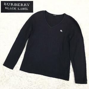 BURBERRY BLACK LABEL バーバリー ブラックレーベル 長袖シャツ Vネック 刺繍ホースロゴ メンズ サイズ2 三陽商会 黒