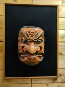 能面　木彫り　しかみ　能面師坂入徳次郎作　額、桐箱付　木彫り　古典芸能 伝統芸能 神楽面