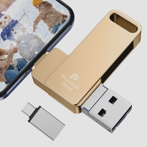 送料無料★USBメモリー 4in1 USBフラッシュドライブ USB 両面挿し 収納ケース (128GB Gold)