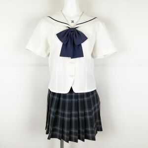 1円 セーラー服 マイクロミニスカート リボン 上下3点セット 夏物 青1本線 女子 学生服 福岡九州女子高校 白 制服 中古 ランクC NA2439