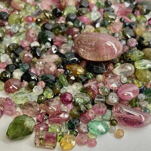 大量!!「マルチカラートルマリンアクセサリーパーツおまとめ」m 2500ct 約500g ルース tourmaline green pink parts 両穴 バイカラー 