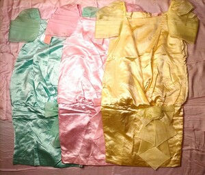 42 フォーマルワンピース アイドル衣装 水色ピンク黄色 サテンドレス レースパフスリーブ 光沢シャイニー 結婚式二次会パーティー3着セット