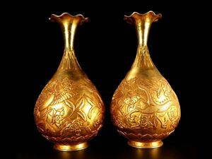 「唐代 古銅彫 塗金龍鳳呈祥 花瓶一対」旧銅器 置物擺件 賞物 中国古美術 旧蔵出
