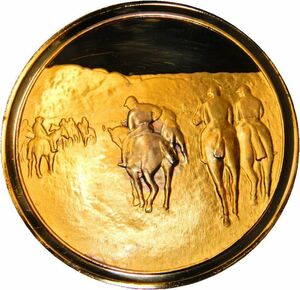 3 画家 ドガ パリ造幣局 限定版 印象派展100周年 1875年 ロンシャン競馬場 競争馬 彫刻 純金張り 24KT 純銀製 メダル コイン プレート