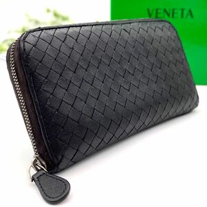 美品 BOTTEGA VENETA ブラック ラウンドファスナー イントレチャート ブラウン 系 ジッピーウォレット ボッテガヴェネタ 定番