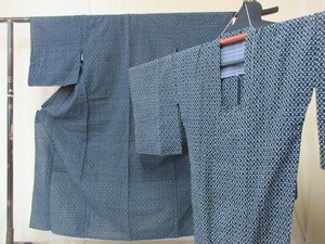 1円 良品 木綿 着物 アンサンブル 藍染 式典 和装 女性用 久留米絣 亀甲 幾何学 抽象 高級 単衣 身丈145cm 裄63cm ◆逸品◆【夢職】★★★