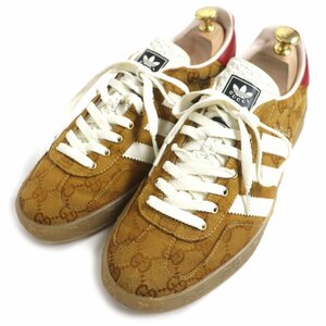 極美品 GUCCI グッチ adidas 707868 GAZELLE キャンバス レザー GG柄 ローカットスニーカー ゴールド 赤 白 27 箱・袋付き 伊製 メンズ