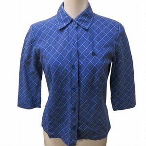 バーバリーブルーレーベル BURBERRY BLUE LABEL チェックシャツ 長袖 ワンポイント ロゴ 刺繍 5分袖 半端袖 青 ブルー 38 約M相当