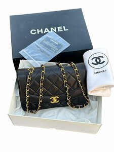 超美品◆CHANELシャネルヴィンテージVintageダイアナ22㎝小ターンロックココマークCC黒金チェーンショルダーバッグ斜め掛けラムスキン付属