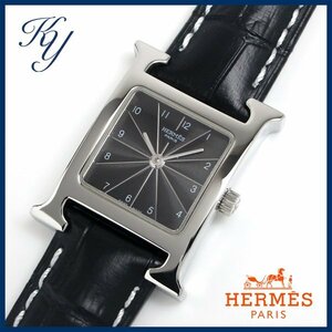 1円～ 価格高騰 3ヶ月保証付き 美品 本物 定番 人気 HERMES エルメス Hウォッチ HH1.210 革ベルト ブラック レディース 時計