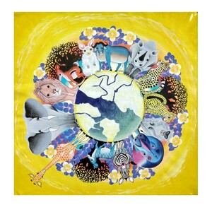 ●アフリカ絵画：ティンガティンガ『 Animal world -yellow 』by Zuberi 59*59cm