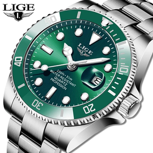 LIGE メンズ 腕時計 高品質 クオーツ カジュアル スポーツ ビジネス ウォッチ 10045 クロノグラフ 防水 時計 シルバー × グリーン