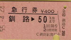 ◎ 国鉄 根室本線　釧路駅 【 急行券 】釧路 → ５０Ｋｍ まで　Ｓ５５.４.２８ 釧路駅 発行　　