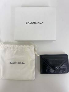 【BALENCIAGA 】バレンシアガ ペーパーミニ コンパクトウォレット 三つ折り財布 ブラック系 レザー 中古